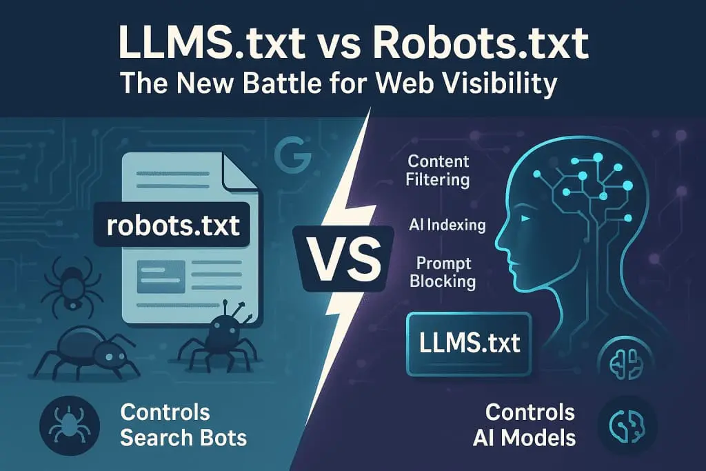 比較 robots.txt（控制搜尋機器人）與 LLMS.txt（透過內容過濾與索引控制 AI 模型）